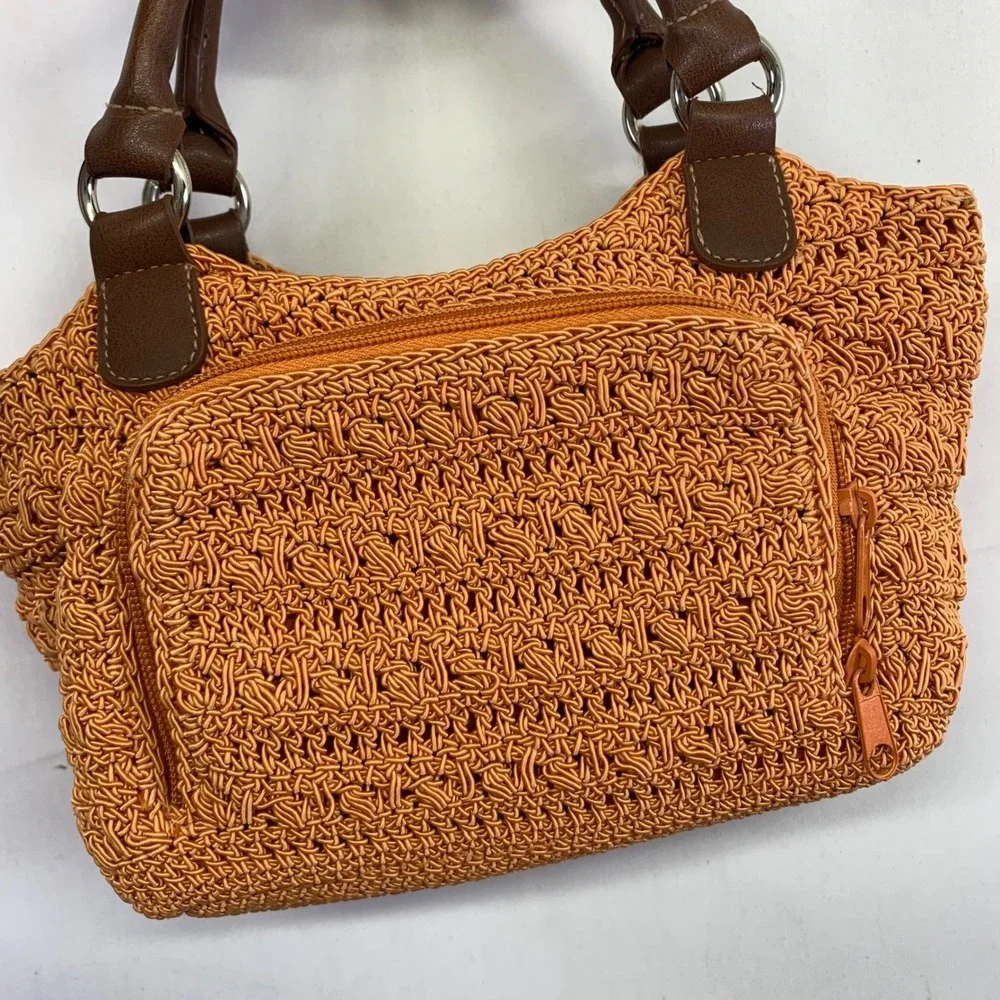 Rosetti Orange Woven Satchel Bag Purse Brown Faux Leather‎ Handle Small